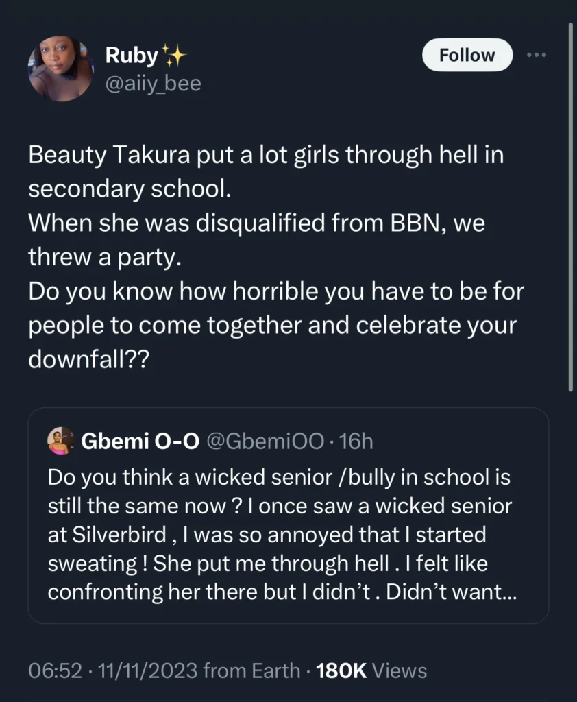 “Beauty Tukura was a bully in secondary school” — Her secondary school mate cries out 