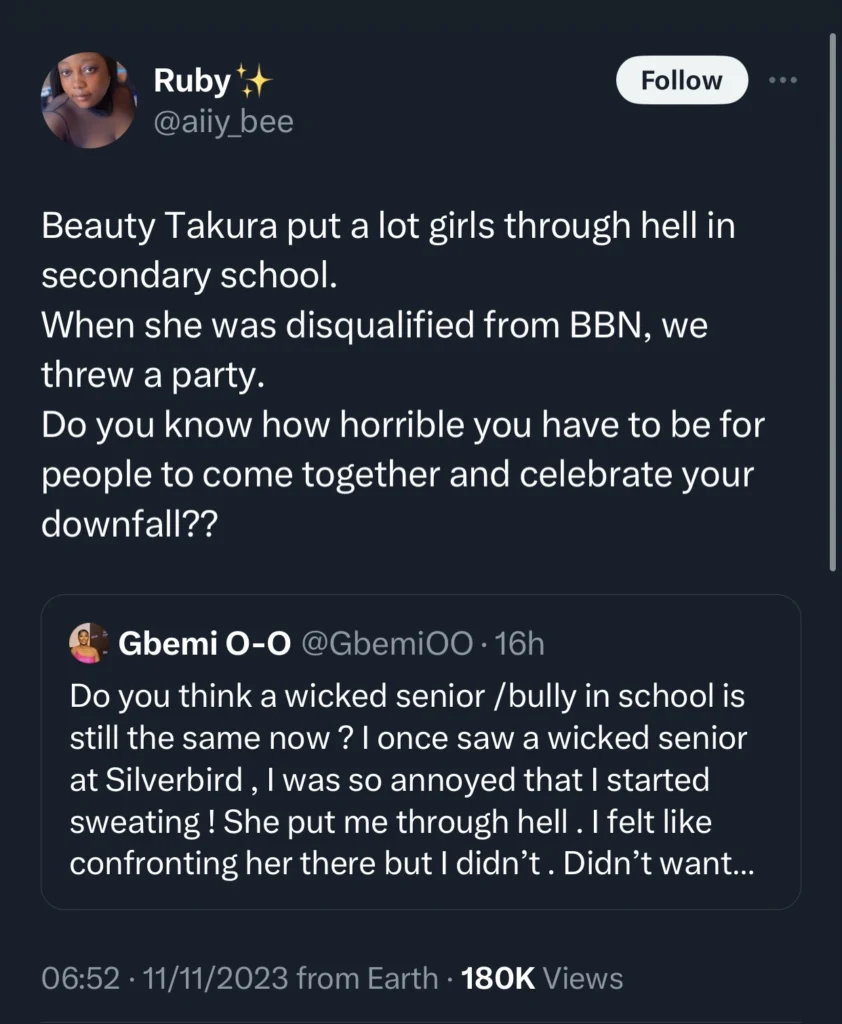 “Beauty Tukura was a bully in secondary school” — Her secondary school mate cries out