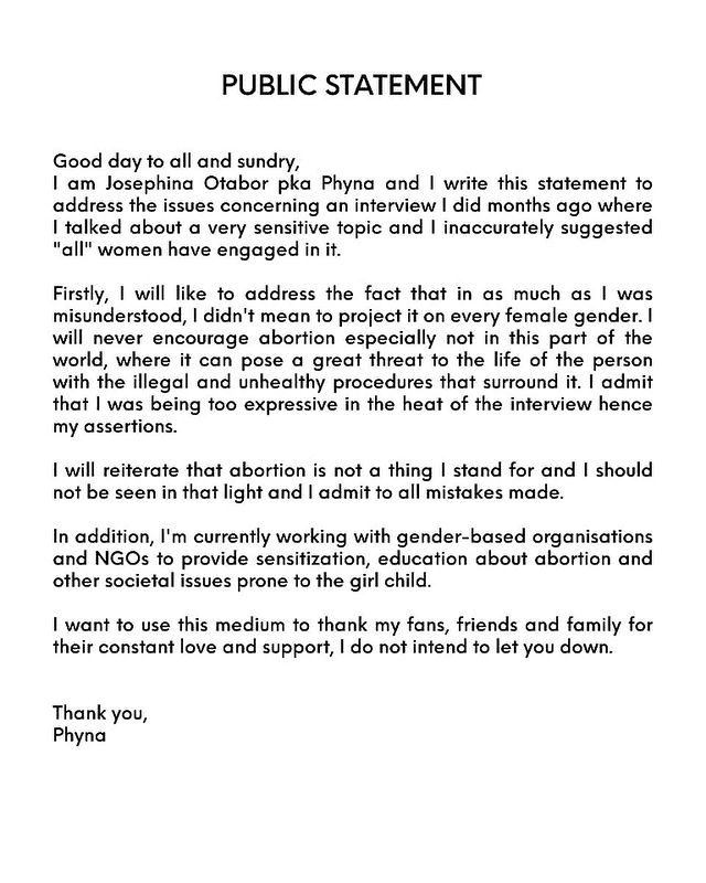 Phyna releases statement, tenders apology following abortion stance