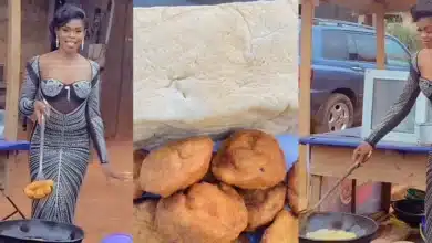 “Akara in grand style” — Reactions as lady wears her best outfit to sell Akara