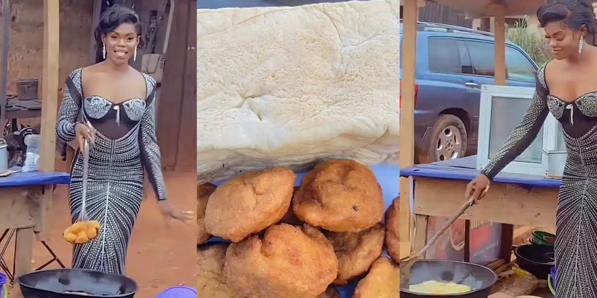 “Akara in grand style” — Reactions as lady wears her best outfit to sell Akara