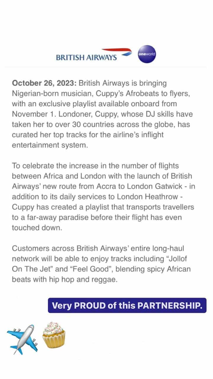 DJ Cuppy British Airways