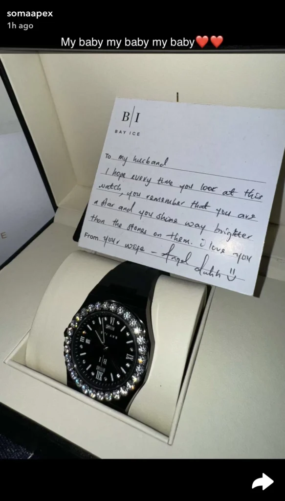 Despite break up rumor, Angel makes Netizens blush as she gifts her husband, Somadina, a diamond wristwatch 