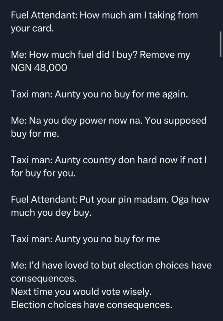 Lady reveals how she nearly gifted taxi driver 10k worth of fuel until she discovered he supports APC