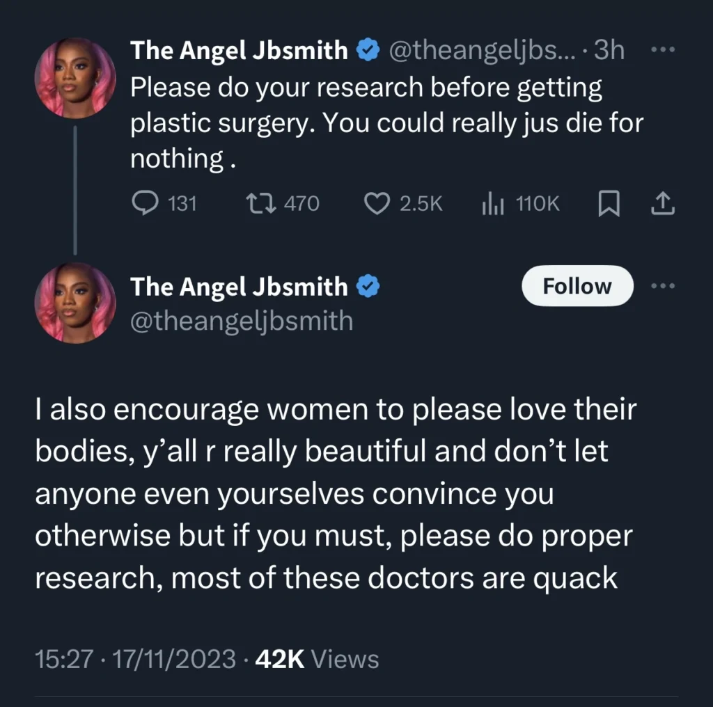 “Do your research before getting plastic surgery” — Angel advises women