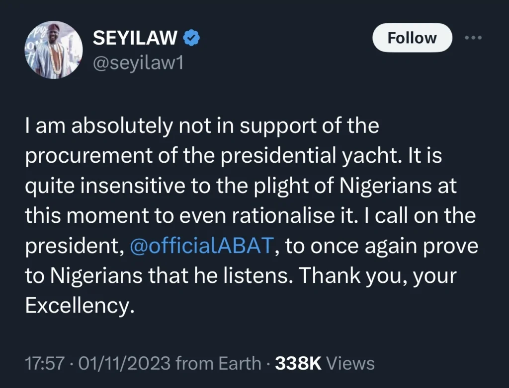 Seyi Law questions Tinubu’s decision to purchase presidential yacht, withdraws support 