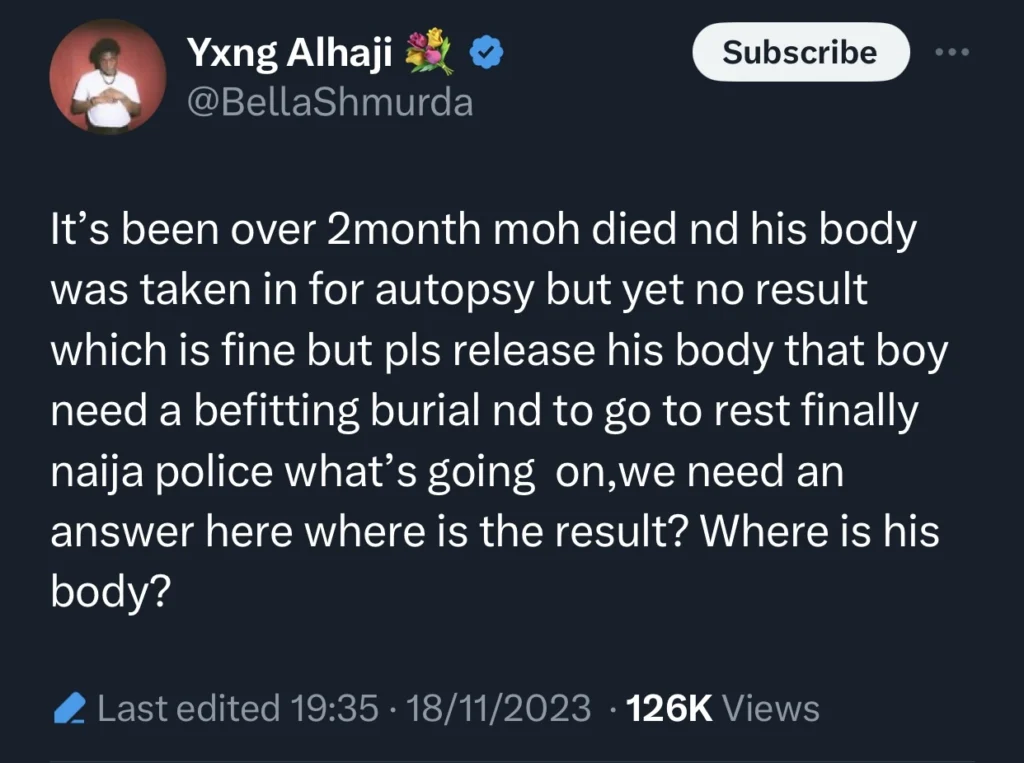 “Release Mohbad’s body let him go and rest well” — Bella Shmurda demands from Nigerian Police