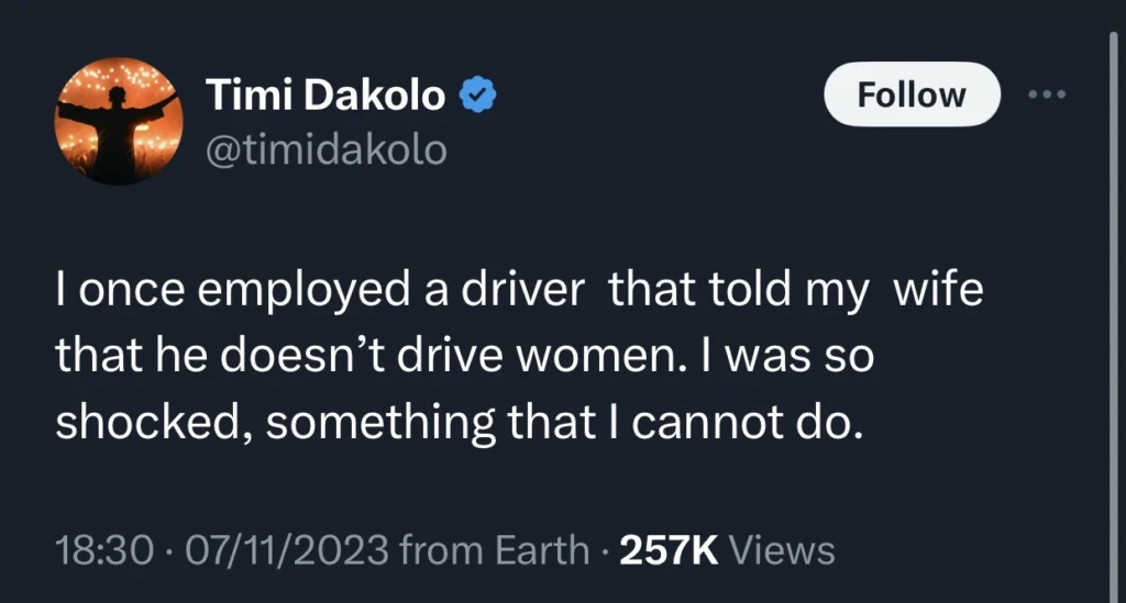 “It’s the audacity for me” — Netizens react as Timi Dakolo recounts his experience with driver who does not drive women 