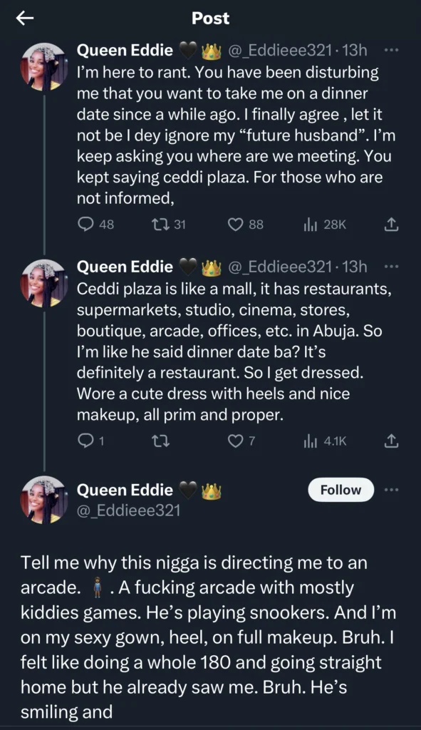 Lady expresses disappointment after long term admirer took her to a Game center after promising dinner date