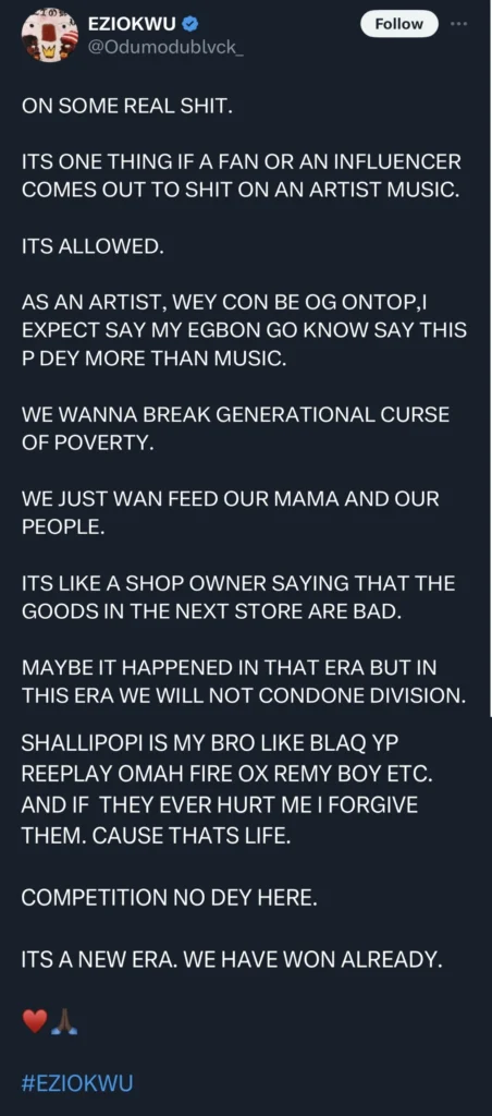 “No competition dey here, we just wan feed our mama” — Odumodu Blvck informs his senior colleague, CDQ