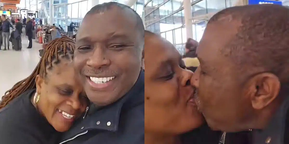 “The matrimonial bed go break this night” — Reactions as elderly man welcomes his wife at London airport after her stay in Nigeria for 4 weeks