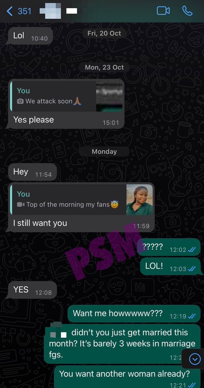 "In you I see a soulmate" - Lady leaks chat with married man three weeks after wedding