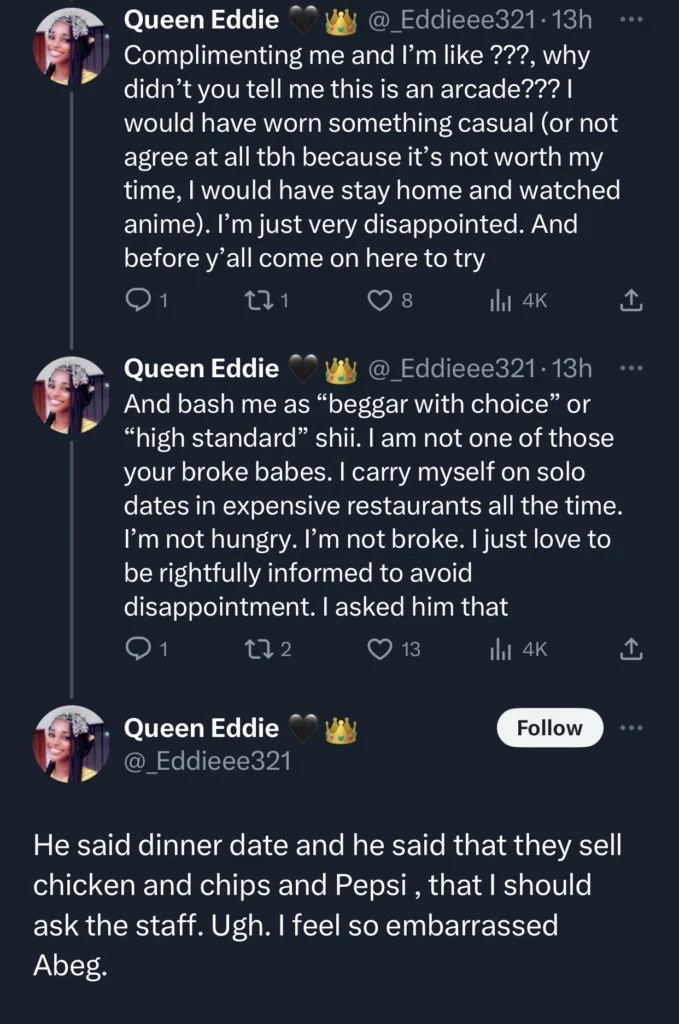 Lady expresses disappointment after long term admirer took her to a Game center after promising dinner date 