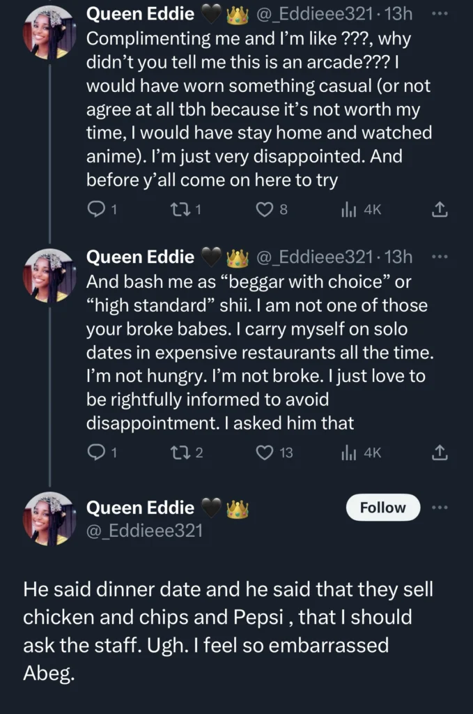 Lady expresses disappointment after long term admirer took her to a Game center after promising dinner date