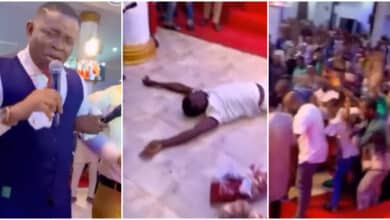 Moment pastor calls down 'Holy Ghost Fire' on man who stormed their church service with fetish item