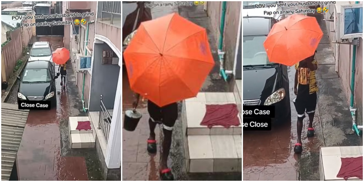 Lady stuns many as she sends her husband to grind pap in heavy rain
