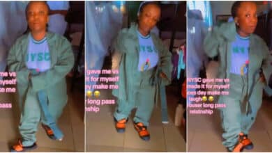 "Is the shoe for me?" - Female corper with unique stature causes buzz as she displays her oversized NYSC Khaki