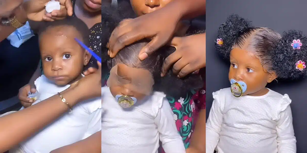 “Let babies be babies” — Netizens react angrily as mother installs frontal wig for her daughter for first birthday