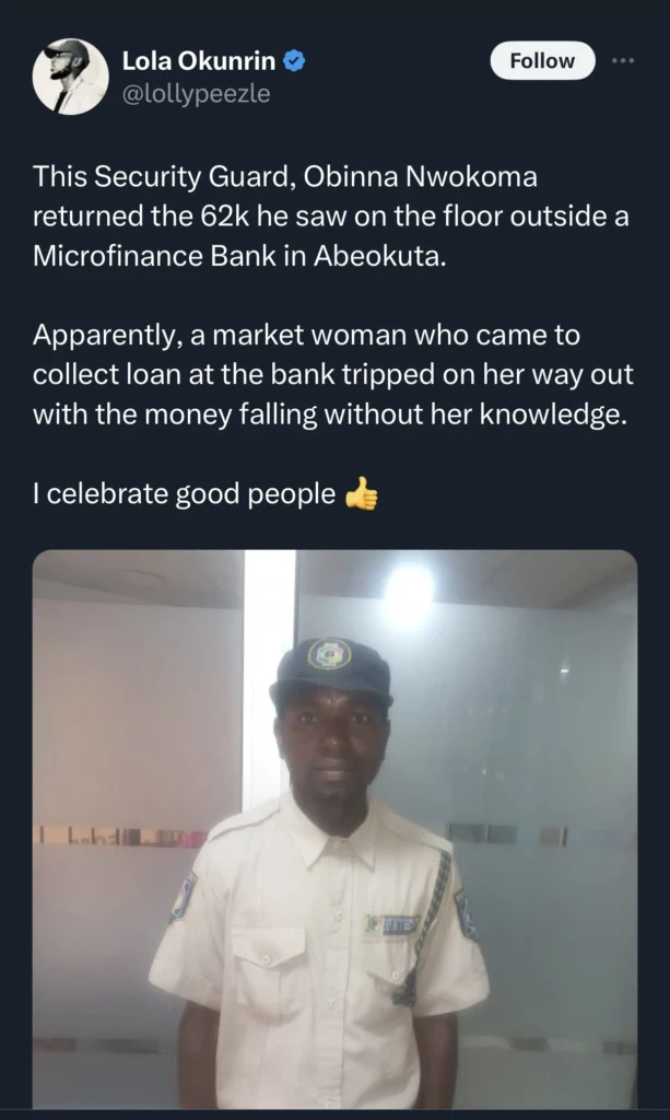Netizens hail security guard after he returns 62k he picked on the floor outside a microfinance company 