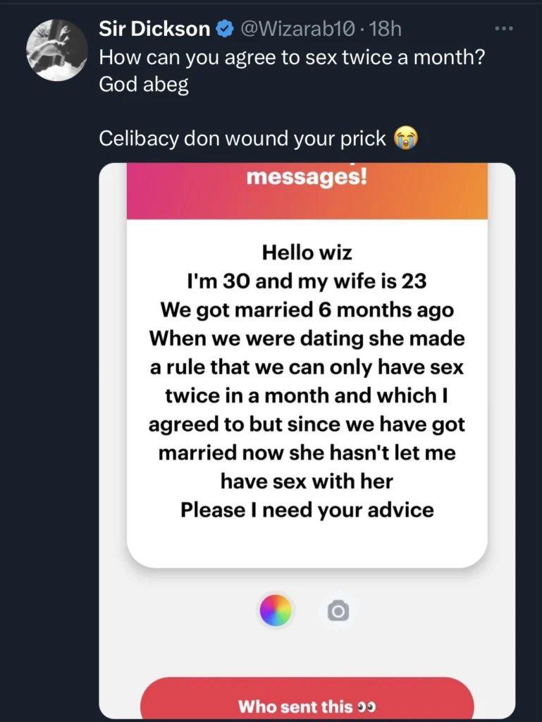 30 year old man seeks marital advice online after his 23 year old wife set rule to have sex only twice a month 