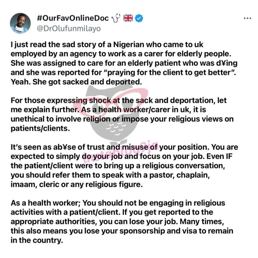 “Leave your religion out of your professional work” — Doctor begs after Nigerian nurse gets deported from the UK for praying for sick patient 