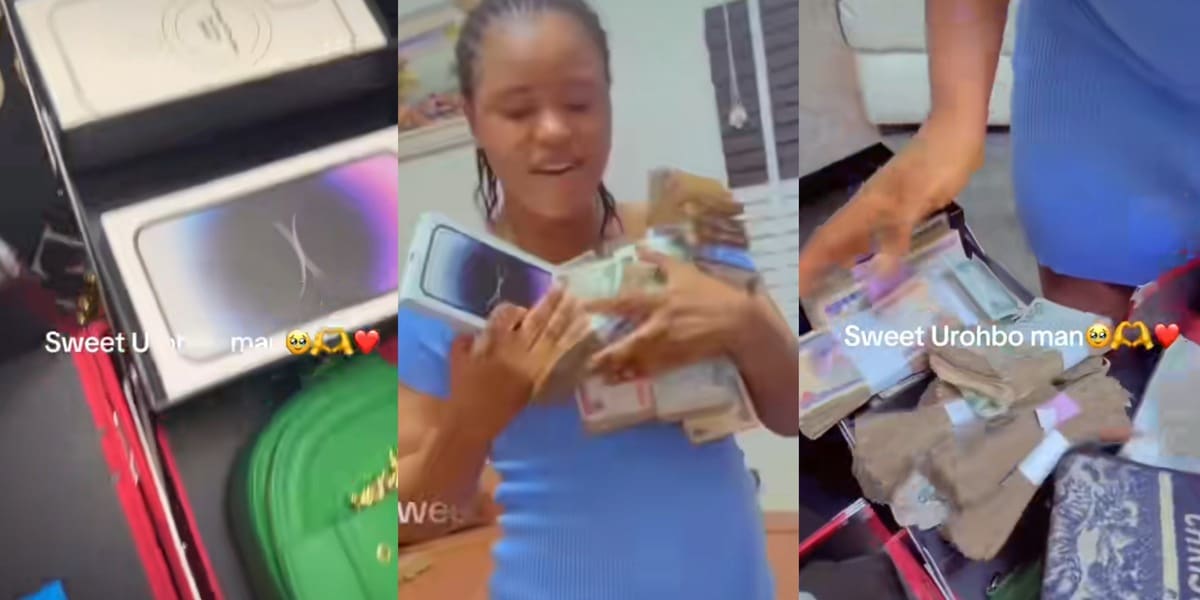 wife knees husband iPhone 15 Pro Max cash bags birthday