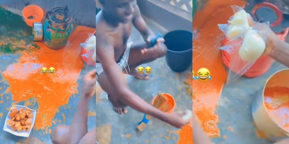 Hungry Nigerian man egusi soup floor wraps of fufu