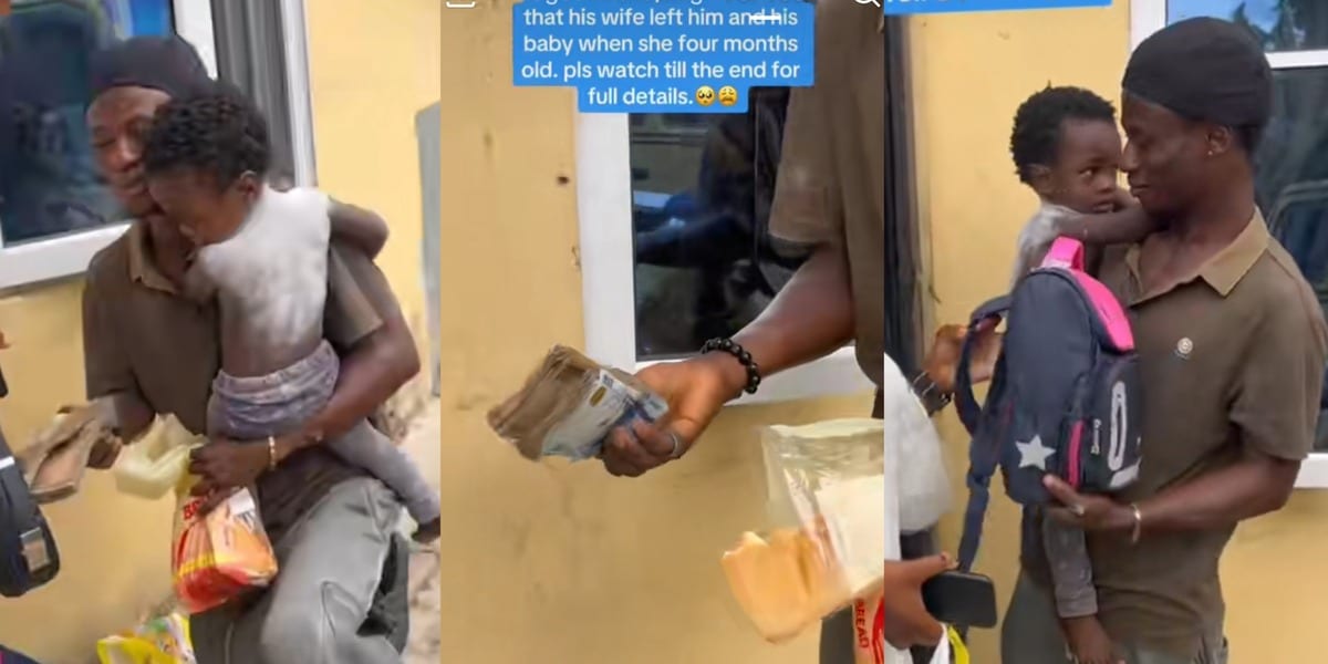Nigerian man abandoned by wife receives ₦84k cash gift, child's education pledge from helper, video wows many