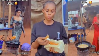 "One akara fit reach ₦500" - Netizens kick as a beautiful lady wears different outfits to sell akara at the roadside
