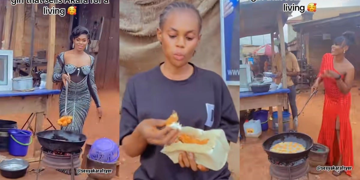 "One akara fit reach ₦500" - Netizens kick as a beautiful lady wears different outfits to sell akara at the roadside
