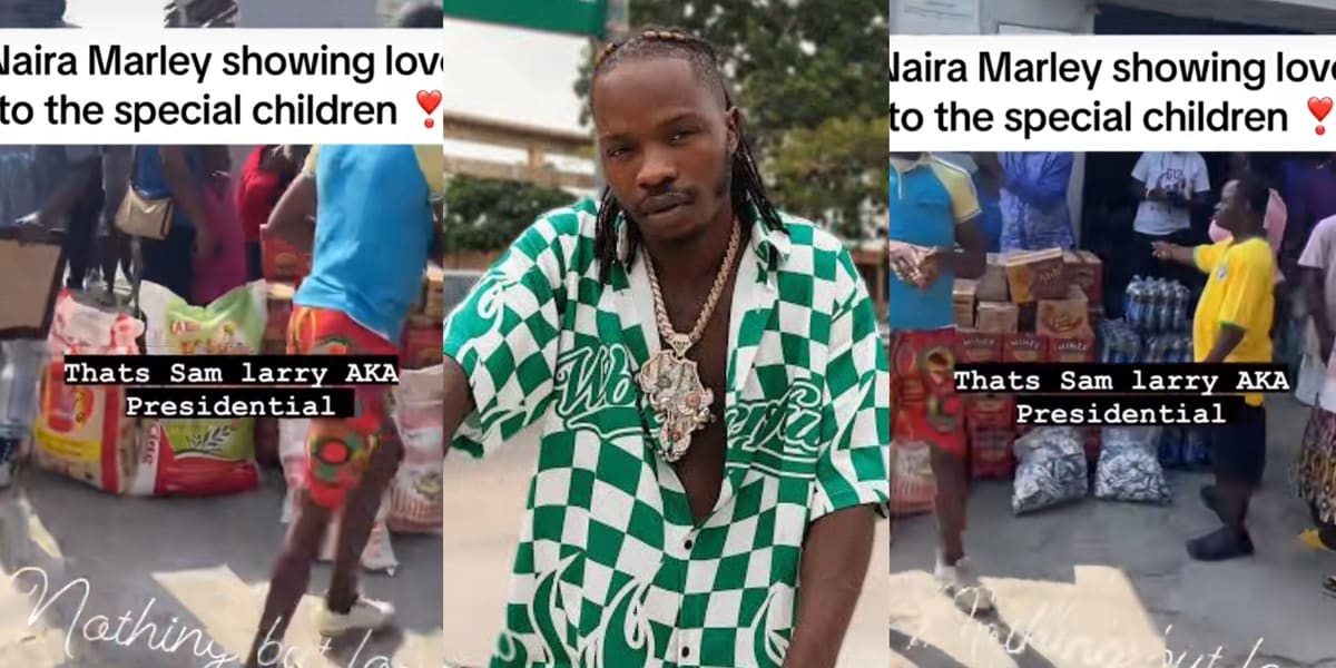 "Werey, I no go forgive you" - Knocks as Naira Marley presents bags of rice, noodles, drinks to special kids after bail