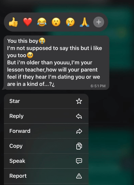 “You dey scatter my head ma”- Leaked chats between 19-year-old boy and his female private teacher cause buzz online