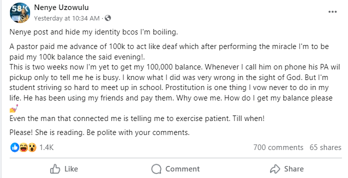 "It's been 2 weeks now" - Lady calls out pastor for owing her N100k after she acted deaf in fake miracle scheme