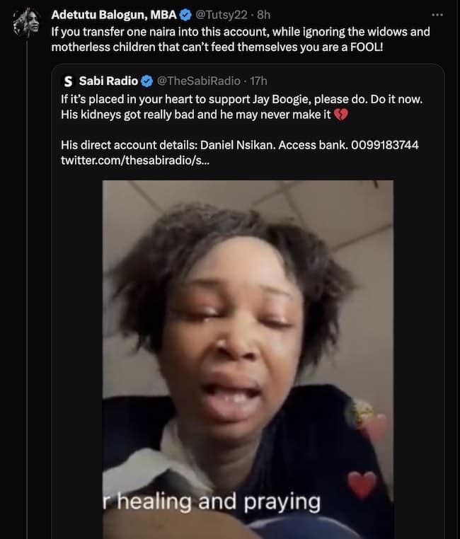 "You're a fool if you transfer one naira to ailing Jay Boogie" - Adetutu Balogun