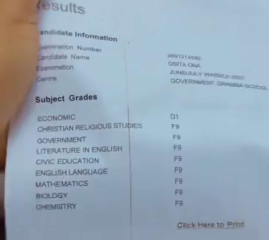 "Failed with flying colors" - Nigerian student scores F9 in mathematics, english, literature, 5 other WAEC subjects