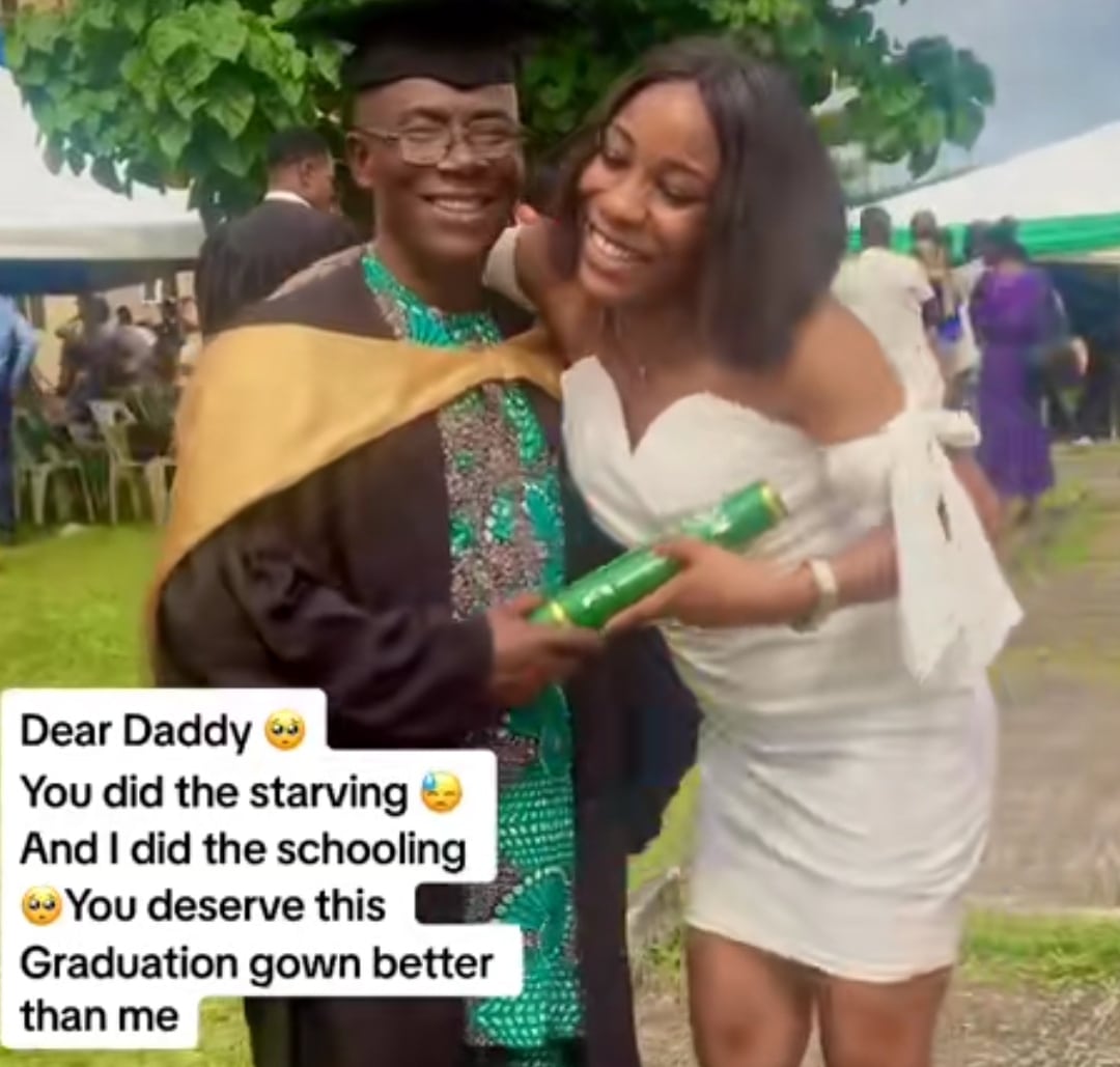 "This made me cry" - Grateful daughter honors dad with her graduation gown, cap as she graduates from university