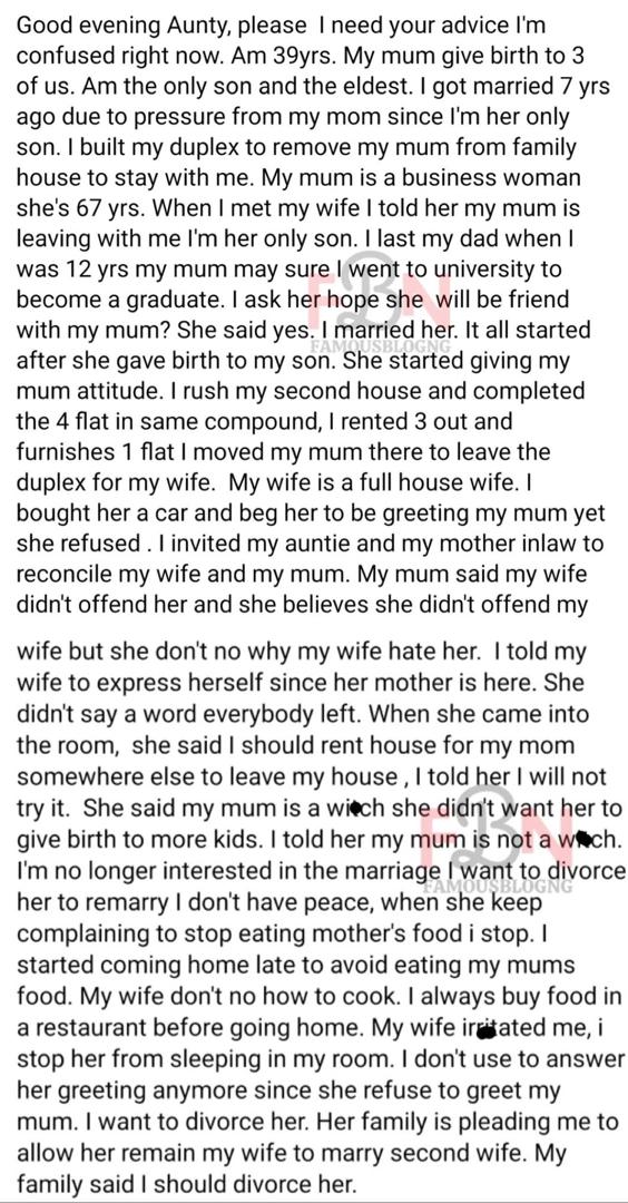 "My wife can't cook, calls my mother a witch" - Man cries out for advice