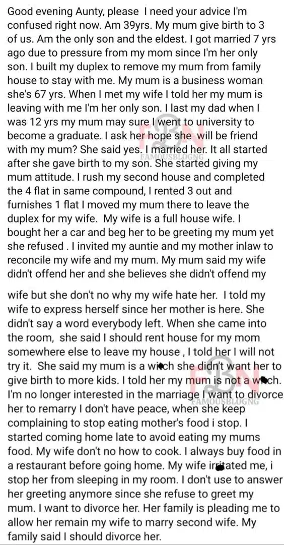 "My wife can't cook, calls my mother a witch" - Man cries out for advice