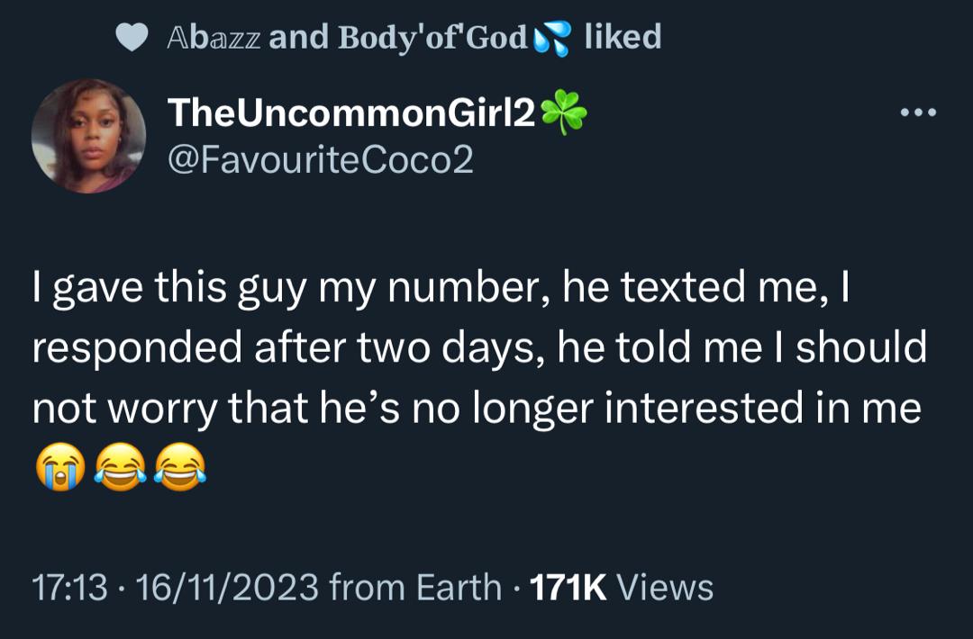 Lady reveals how she got dumped for replying text after two days