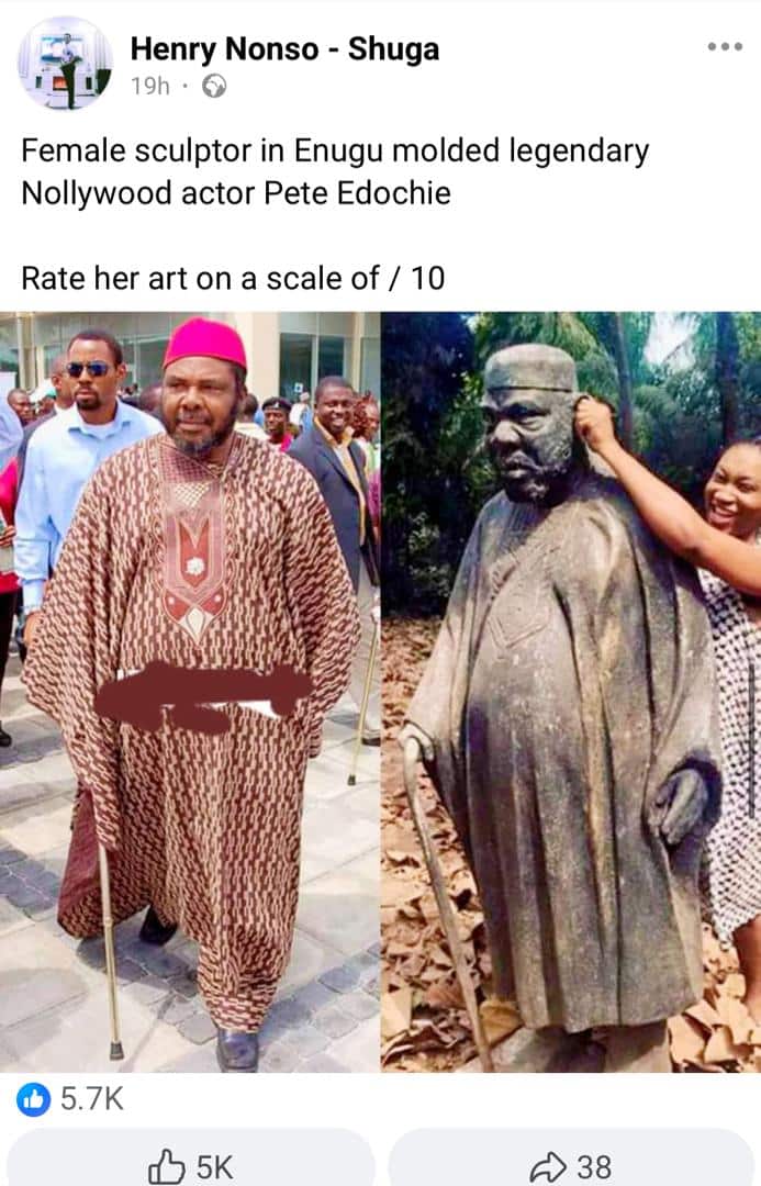 Outrage as lady makes a sculpture of Pete Edochie