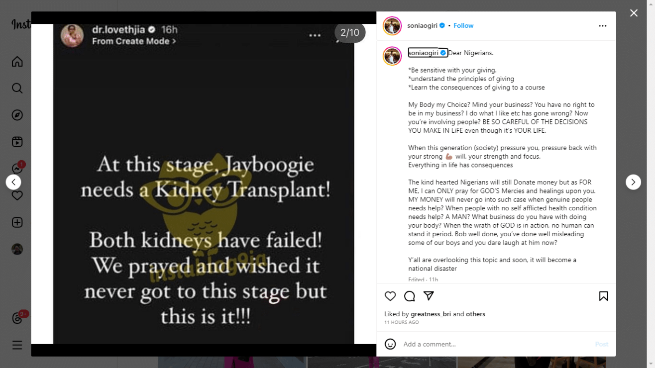 “I blame Bobrisky over Jay Boogie’s health failure” -Sonia Ogiri speaks on Jay’s kidney failure report