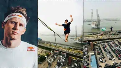 Guinness Record holder, Jaan Roose walks on rope across Lagos Bridge