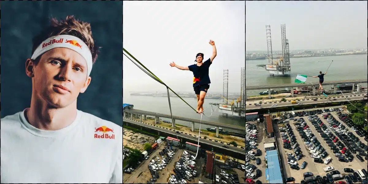 Guinness Record holder, Jaan Roose walks on rope across Lagos Bridge
