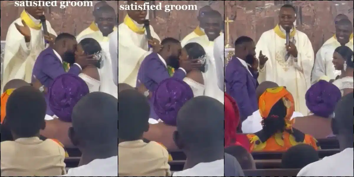 Moment pastor stops groom from kissing bride too much on wedding day