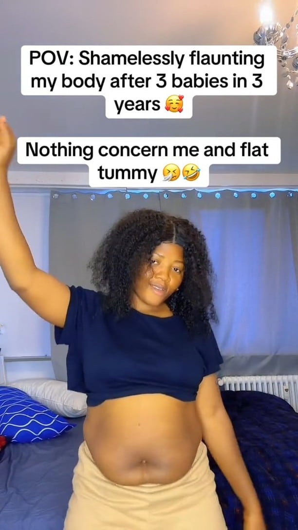 Mother of three commands confidence as she flaunts her postpartum stomach