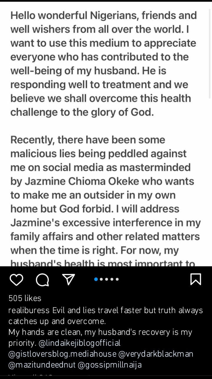 “Jasmine wants to make me an outsider in my marriage” - Mr Ibu’s wife calls out adopted daughter over donations received