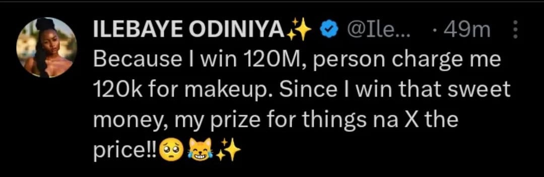 “Because I win N120M person charge me N120k for makeup” - Ilebaye laments