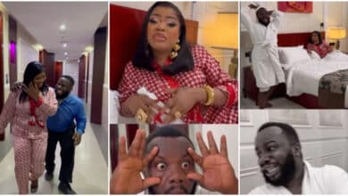 "Senior man, your papa" - Sabinus shares funny video after landing on the same bed with Bobrisky following hookup