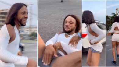 Charles Okocha causes traffic on busy road as he rocks skimpy feminine dress, Obi Cubana reacts