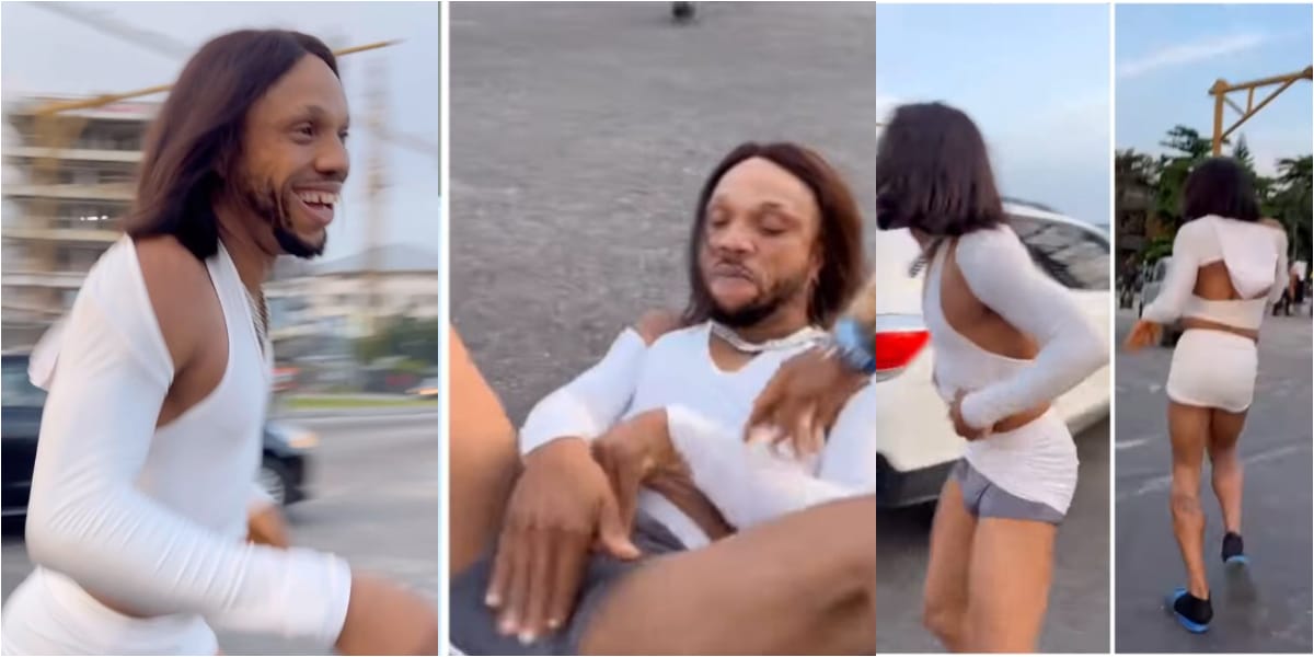 Charles Okocha causes traffic on busy road as he rocks skimpy feminine dress, Obi Cubana reacts